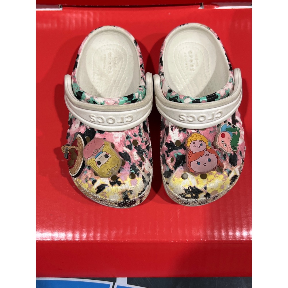 Crocs Kids Classic Marbled Clog Pink Black Mint Splatter with Charms Size 8